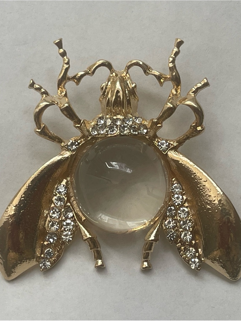 Gold tone  Beetle, Bee  Brooch with Clear Cabochon and Rhinestones